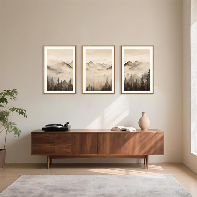 Nature Misty Forest Framed Canvas Wall Art Set, Foggy Landscape Wall Decor, Watercolor Pine Tree Wall Painting, Large Mountains Art Print for Living Room, Bedroom, Office - 24"X36"X3