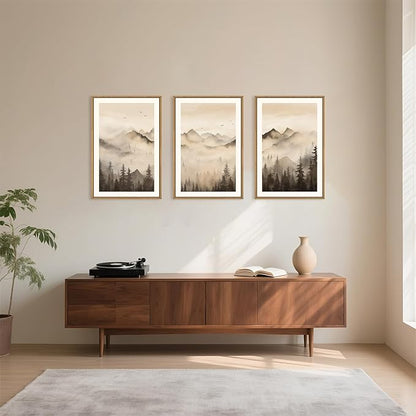 Nature Misty Forest Framed Canvas Wall Art Set, Foggy Landscape Wall Decor, Watercolor Pine Tree Wall Painting, Large Mountains Art Print for Living Room, Bedroom, Office - 24"X36"X3