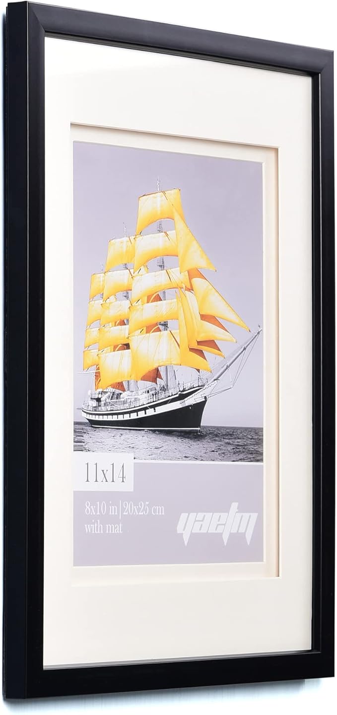 Yaetm 11x14 Double Floating Mat Picture Frame Set of 4, Display Picture 8x10 with White Double Mat, Polished High Definition Real Glass, Wall Mounting Photo Frames, Black/White, 4 Pack