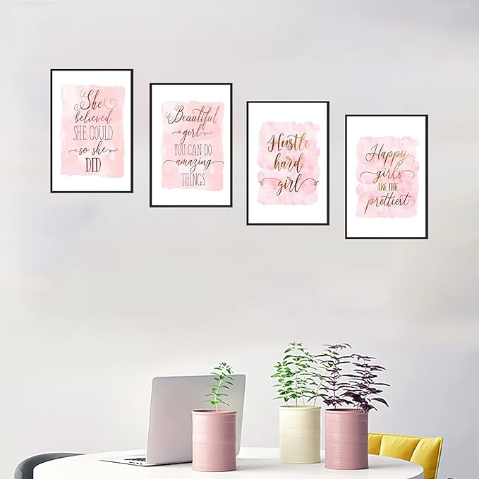 Set of 4 Framed Motivational Wall Art Quote Letters for Living Room Home Decor, Canvas Painting Posters Print Pictures Positive Words for Home Office Teen Bedroom Decoration Nordic