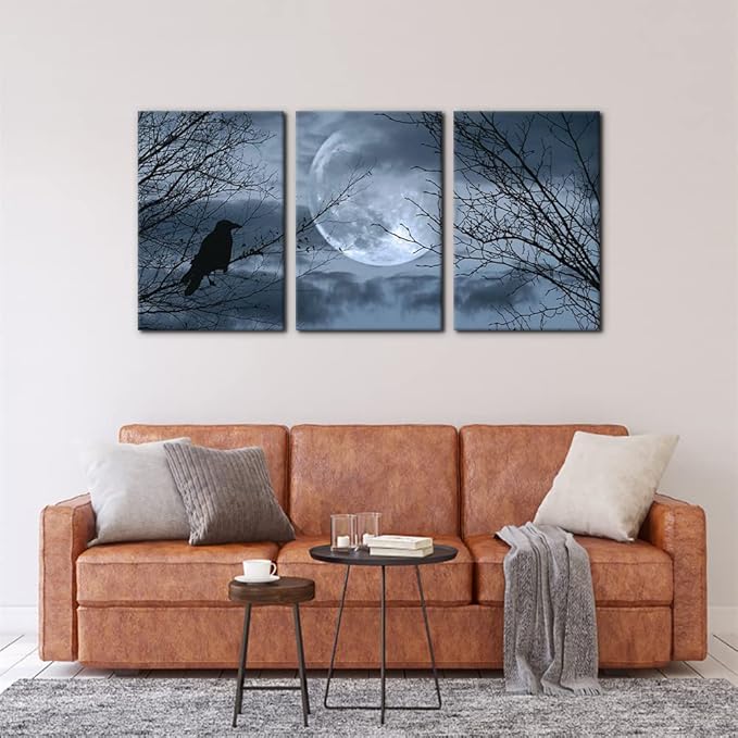 Pacimo 3 Pieces Canvas Art Wall Decor Full Moon Halloween Pictures Black and White Wall Art Painting Prints on Canvas Modern Artwork Stretched and Framed Ready to Hang - 16"x24"x3 Panel