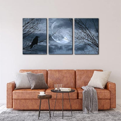 Pacimo 3 Pieces Canvas Art Wall Decor Full Moon Halloween Pictures Black and White Wall Art Painting Prints on Canvas Modern Artwork Stretched and Framed Ready to Hang - 16"x24"x3 Panel