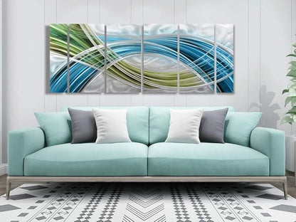 Yihui Arts Abstract Metal Wall Art - Hand Crafted 5 Pieces Panels Large Big Blue Teal Silver Unique 3D Aluminum Modern Contemporary Home Accent