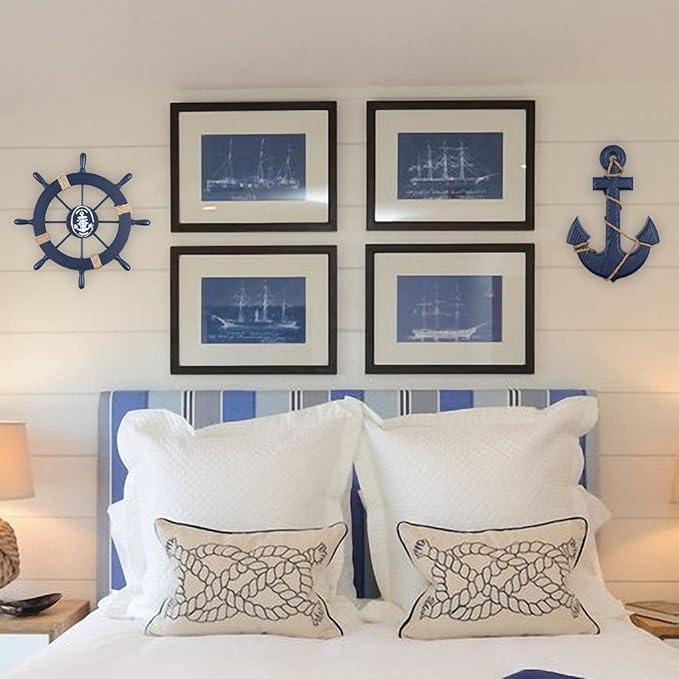 MDLUU Wooden Nautical Ship Steering Wheel, Small Ship Rudder and Anchor Wall Decor Set, 11" Navy Blue Helm Wheel Beach Theme Hanging Ornament