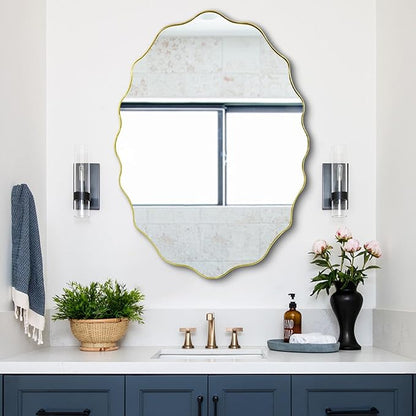 Scalloped Mirror, 35.5"x26" Oval Vanity Mirror for Over Sink, Gold Irregular Shaped Mirrors, Modern Wavy Round Mirrors for Living Room Bedroom Bathroom Hallway Entryway Fireplace