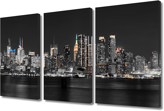 TUMOVO New York City NY USA Skyline Bathroom Decor Wall Art 3 Piece Hudson River Skyscrapers Nighttime Lightscape Black and White Wall Art Posters and Prints Framed Ready to Hang (36" Wx24 H)