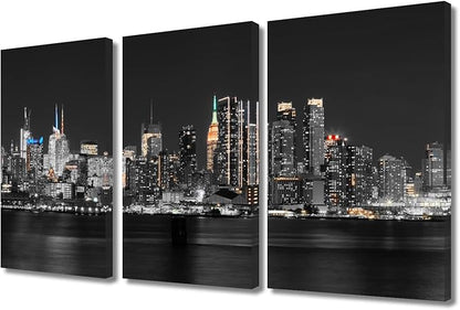 TUMOVO New York City NY USA Skyline Bathroom Decor Wall Art 3 Piece Hudson River Skyscrapers Nighttime Lightscape Black and White Wall Art Posters and Prints Framed Ready to Hang (36" Wx24 H)