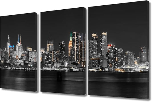 TUMOVO New York City NY USA Skyline Bathroom Decor Wall Art 3 Piece Hudson River Skyscrapers Nighttime Lightscape Black and White Wall Art Posters and Prints Framed Ready to Hang (36" Wx24 H)