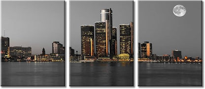 TUMOVO Wall Decor Detroit Downtown Skyline Wall Art Beautiful City Skyline Pictures Wall Decor for Living Room 3 Piece Skyscrapers Contemporary Home Decor Framed Ready to Hang (36" Wx16 H)