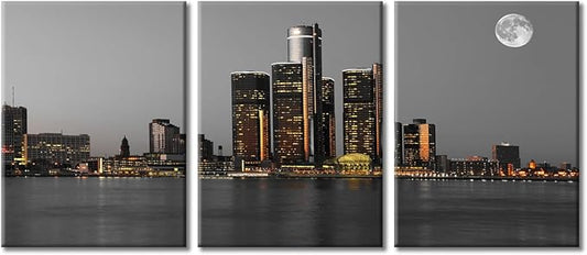 TUMOVO Wall Decor Detroit Downtown Skyline Wall Art Beautiful City Skyline Pictures Wall Decor for Living Room 3 Piece Skyscrapers Contemporary Home Decor Framed Ready to Hang (36" Wx16 H)
