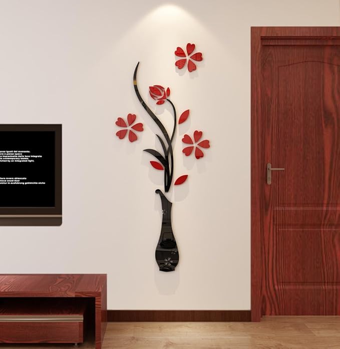 3D Vase Wall Murals for Living Room & Bedroom, DIY Wall Decal, Originality Stickers Gift, Red, 59 X 23 inches