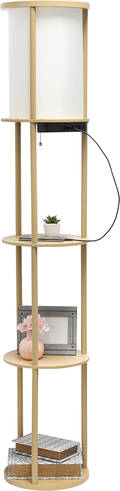 Simple Designs LF2010-TAN 62.5" Round Modern Shelf Etagere Organizer Storage Floor Lamp with 2 USB Charging Ports, 1 Charging Outlet and Linen Shade for Living Room Bedroom Office, Tan