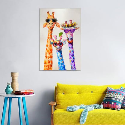 16x24 Graffiti Giraffe Family Canvas Wall Art, Colorful Framed Animal Prints with Sunglasses & Balloon, Funny Lovely Artwork for Kids, Teen Boys Girls, Nursery Bedroom & Living Room Home Decor