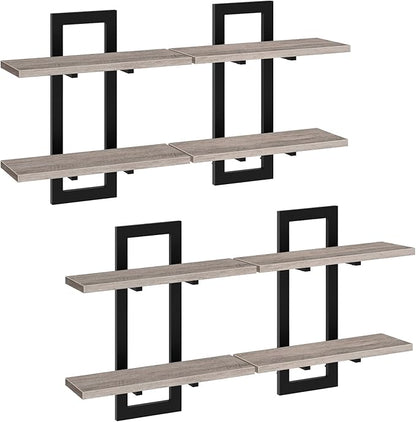 HOOBRO Floating Shelves, 15 Inch Wall Shelf Set of 4, Wall Mounted Storage Shelves 2-Tier, Hanging Bathroom Shelves, for Living Room, Bedroom, Bathroom, Kitchen, Greige and Black BG32BJP401