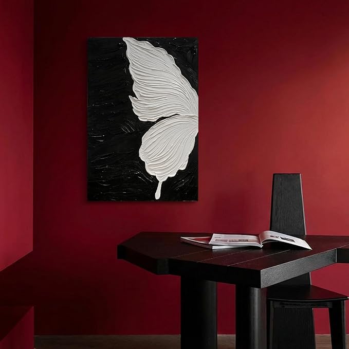 JUHOME Abstract Butterfly Canvas Wall Art – 24x36 Original Hand-Painted Black &White Textured Butterfly Wing Oil Painting on Black Canvas, Modern Minimalist Vertical Wall Decor for Living Room Bedroom