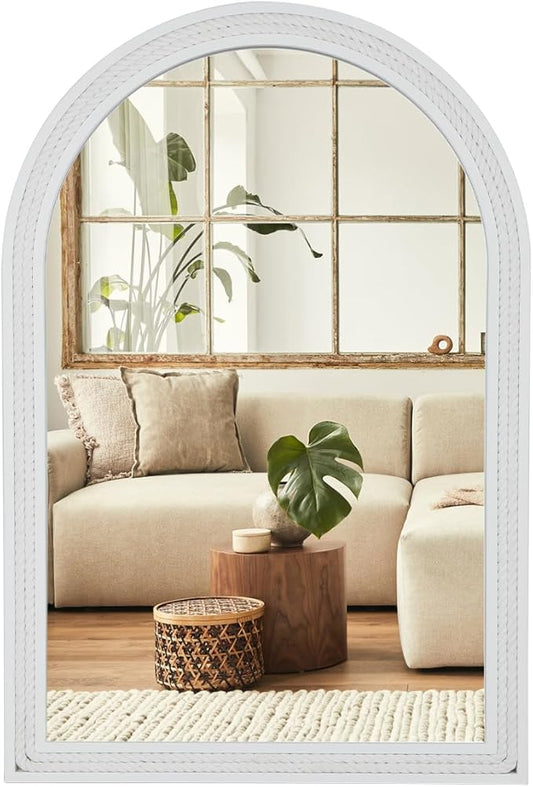 Arched Vanity Mirror for Wall, 30"x20" Nautical Theme Boho Rustic Farmhouse Mirror with Wooden Frame, Decorative Rope Mirror for Bathroom, Living Room, Entryway, or Bedroom