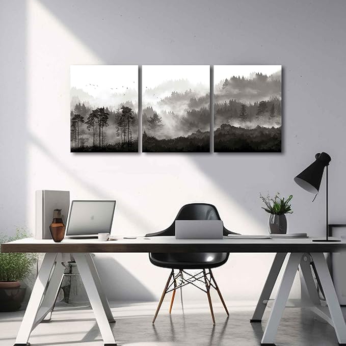 YJYart Bathroom Art Wall Decor Misty Forest Pictures Home Wall Decor for Bedroom Kitchen Office Modern Artwork 12"x 16" x 3 Piece