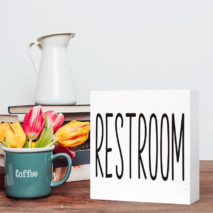 SJNH Funny Bathroom Wood Sign, Rustic Farmhouse Style, 5"x5", White, Tabletop Display, Humor Theme