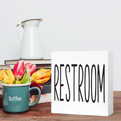 SJNH Funny Bathroom Wood Sign, Rustic Farmhouse Style, 5"x5", White, Tabletop Display, Humor Theme