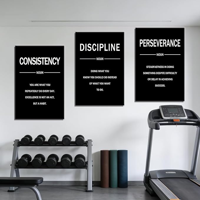 Perseverance Discipline Consistency Posters Inspirational Canvas Wall Art 3 Pieces Motivational Office Wall Decor Painting Artwork for Home Living Room Gym Stretched and Framed [48''W x 24''H]