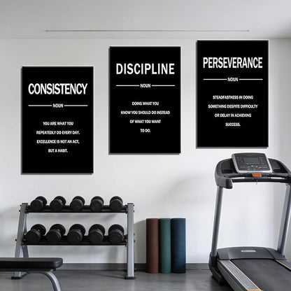 Perseverance Discipline Consistency Posters Inspirational Canvas Wall Art 3 Pieces Motivational Office Wall Decor Painting Artwork for Home Living Room Gym Stretched and Framed [48''W x 24''H]