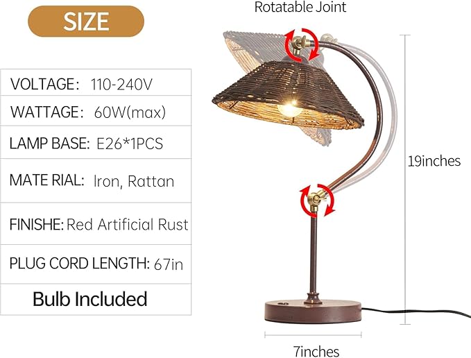 Woven Rattan Table Lamp, Boho Handmade Rattan Shade, Anti-Rust Iron Base Vintage Dark Brown Plug in Desk Lamp, Plug & Play Bedside Nightstand Lamp for Bedroom Living Room Home Office, Bulb Included