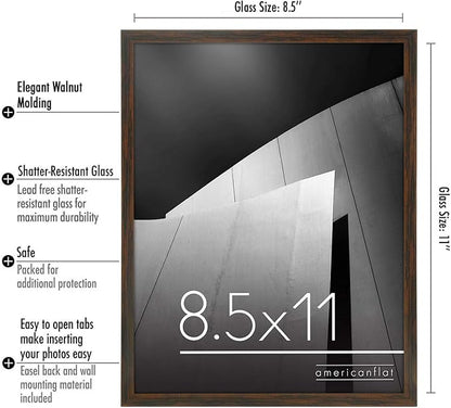 Americanflat 8.5x11 Picture Frame with Shatter-Resistant Glass - Streamline Collection - Thin Border Photo Frame for Tabletop and Wall Display - Hanging Hardware and Easel Stand Included - Walnut