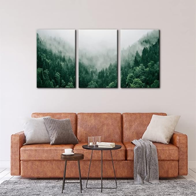 Pacimo Canvas Print Wall Art Set Talking with the Fog Aerial View of Pine Trees in Mist Realism Pictures Print on Canvas Rustic Scenic Modern Artwork Stretch Framed Ready to Hang - 16"x24"x3 Panel