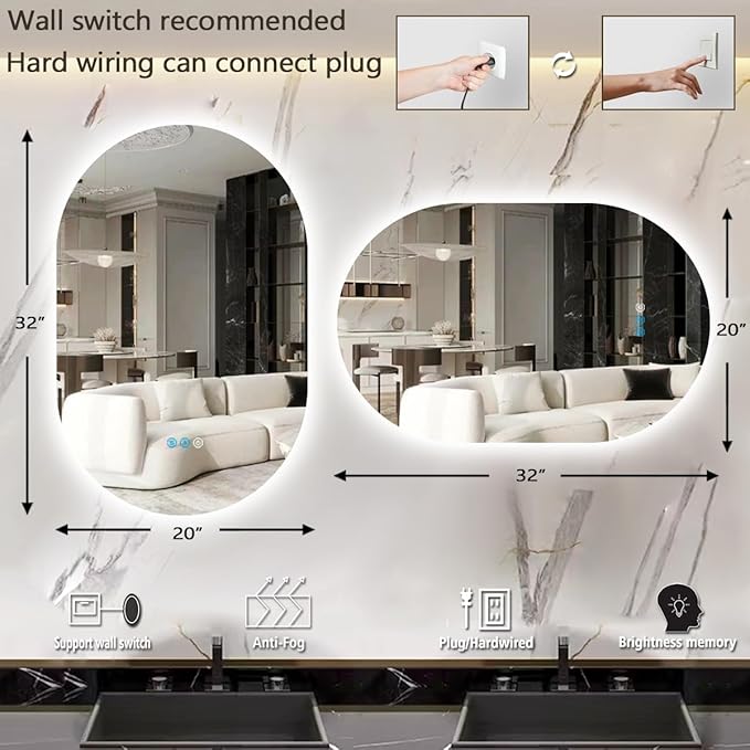 THEKLA 20 x 32 Inch Backlit Oval Lighted Vanity Mirror with Lights Smart Memory 3 Color Dimmable AntiFog 32" Frameless LED Oval Backlit Mirror for Bathroom Makeup Table Wall Vertical/Horizontal Mount