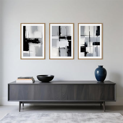 HPNIUB Black Grey Modern Abstract Framed Canvas Wall Art Neutral Minimalist Brush Prints Wall Decor,Mid-Century Geometric Line Artwork for Living Room,Bedroom,Office Decor-16''x24''x3