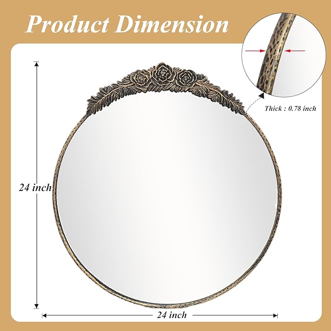 Growsun Round Wall Mirror with Vintage Black Floral Frame – 24 Inch Decorative Wall Mirror for Living Room, Bedroom, Entryway, Bathroom Vanity – Elegant Antique Accent Home Décor