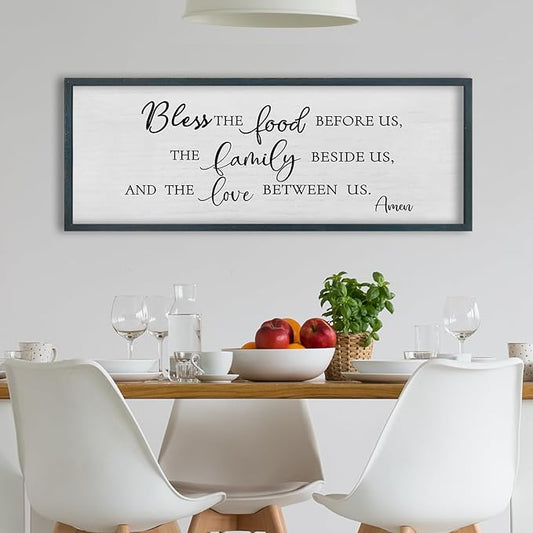 FZMHASLWW Dining Room Wall Decor Christian Blessing Bless the Food Family Love Bible Verse Sign 32"×12" Farmhouse Scripture Prayer for Religious Kitchen Rustic Framed Wall Hanging Art (Black)