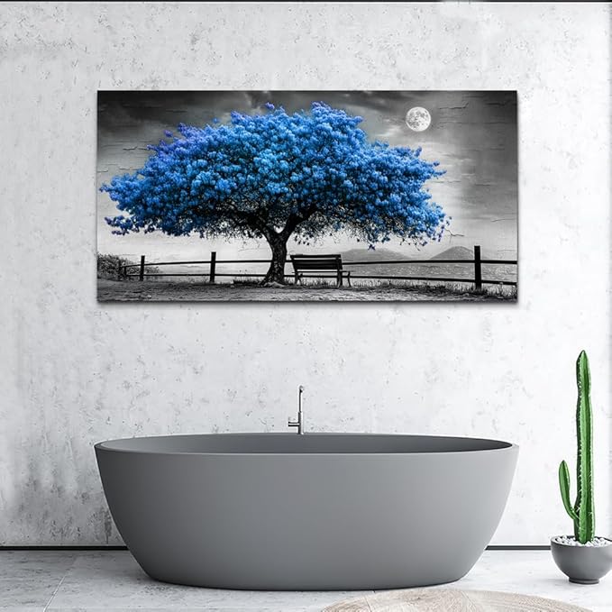 FUHAIHUA Canvas Wall Art For Living Room Wall Decor For Bedroom Office Wall Decoration Black And White Landscape Painting Blue Tree Pictures Artwork Room Aesthetic Home Decor 20x40 In