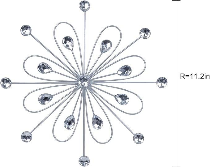 hogardeck Metal Flower Wall Decor, 11inch Silver Metal Jeweled Wall Art Bling Crystal Home Décor, Sun Burst Rhinestone Wall Hanging Diamond Accents for for Indoor, Outdoor, Living Room, Bedroom