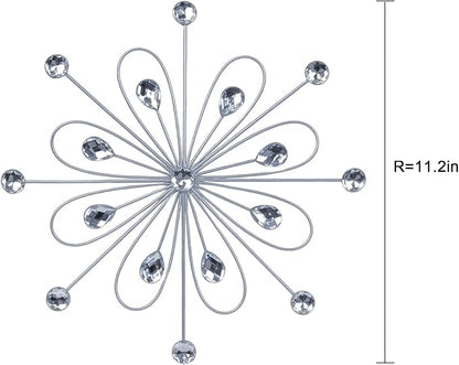 hogardeck Metal Flower Wall Decor, 11inch Silver Metal Jeweled Wall Art Bling Crystal Home Décor, Sun Burst Rhinestone Wall Hanging Diamond Accents for for Indoor, Outdoor, Living Room, Bedroom