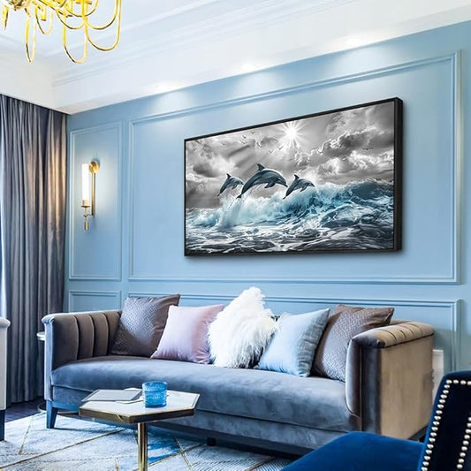 hyidecorart Wall Art For Living Room Large Wall Decor For Bedroom Modern Home Decoration Office Canvas Art Print Artwork Dolphins Seascape Wall Paintings Blue wave Pictures Black Framed 20X40