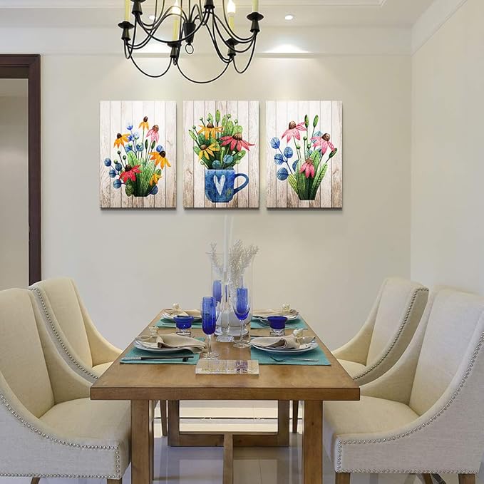 Canvas Wall Art For Kitchen Wall Decoration For Living Room Large Size Wall Decor For Bedroom Room Decor Vintage Wood Plant Flowers Wall Painting Office Wall Pictures Artwork Home Decor 3 Piece
