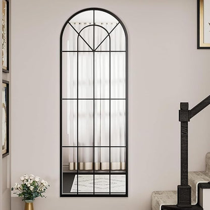 Degfig Arched Full Length Mirror with Grids, 65"X22", Arched Window Pane Wall Mirror, Floor Standing Mirrors, Farmhouse Long Full Body Mirrors Wall Mounted for Living Room, Bedroom, Entryway, Black