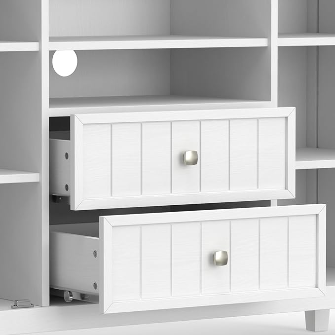 SIMPLIHOME Bedford TV Stand - 53 inch Wide Solid Wood Tall Media Console in White, Transitional Entertainment Center for Living Room for TVs up to 60 Inches with Glass Cabinets and Cable Management