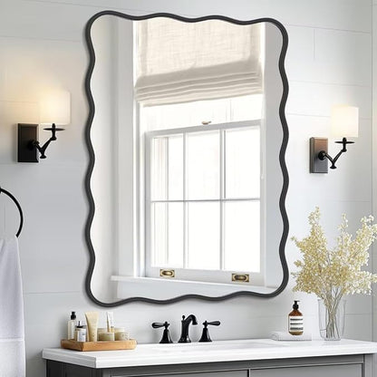 PROHOMEWARE 28 * 40" Black Bathroom Mirror for Wall,Wavy Rectangular Mirror,Vanity Mirror,Bathroom Mirrors for Wall-Mounted Metal Frame Mirror for Bedroom Entryway Living Room Farmhouse (Black)