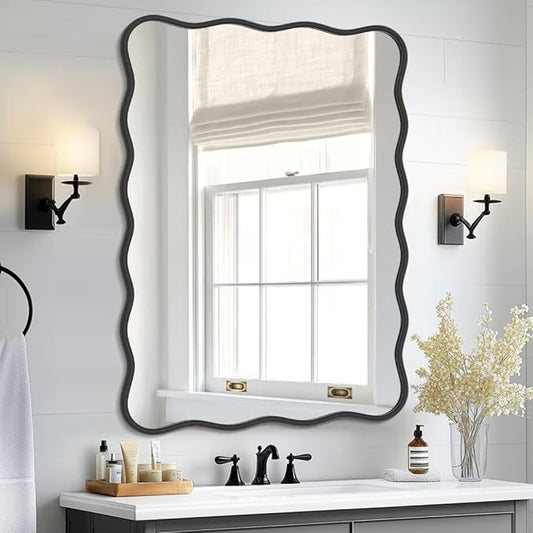 PROHOMEWARE 28 * 40" Black Bathroom Mirror for Wall,Wavy Rectangular Mirror,Vanity Mirror,Bathroom Mirrors for Wall-Mounted Metal Frame Mirror for Bedroom Entryway Living Room Farmhouse (Black)