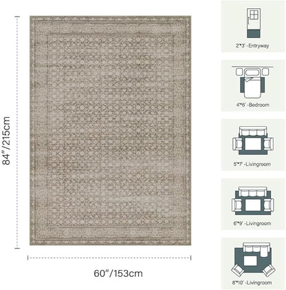 Area Rugs 5x7, Washable Rugs for Living Room, Vintage Boho Rug for Office, Dining Room, Kids Room and Farmhouse, Durable Low Pile Non-Slip Area Rug for High Traffic Areas(Apricot)