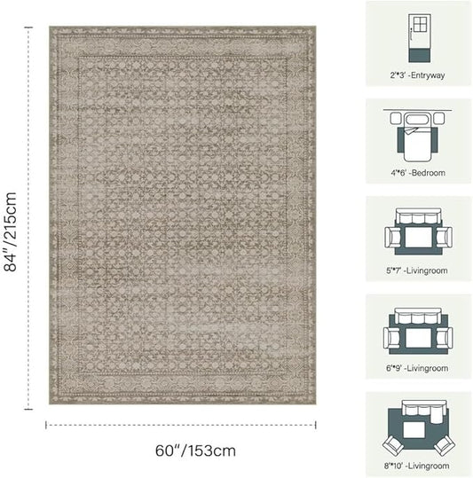 Area Rugs 5x7, Washable Rugs for Living Room, Vintage Boho Rug for Office, Dining Room, Kids Room and Farmhouse, Durable Low Pile Non-Slip Area Rug for High Traffic Areas(Apricot)