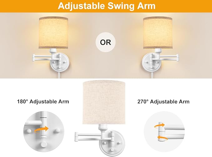 GOODATE Plug in Wall Sconces with Remote Control, Dimming, Adjustable Colors 2700K-6500K, Hardwire or Plug-in, Swing Arm Wall Lamp with Linen Fabric Shade, Wall Sconces Set of Two, White Finish