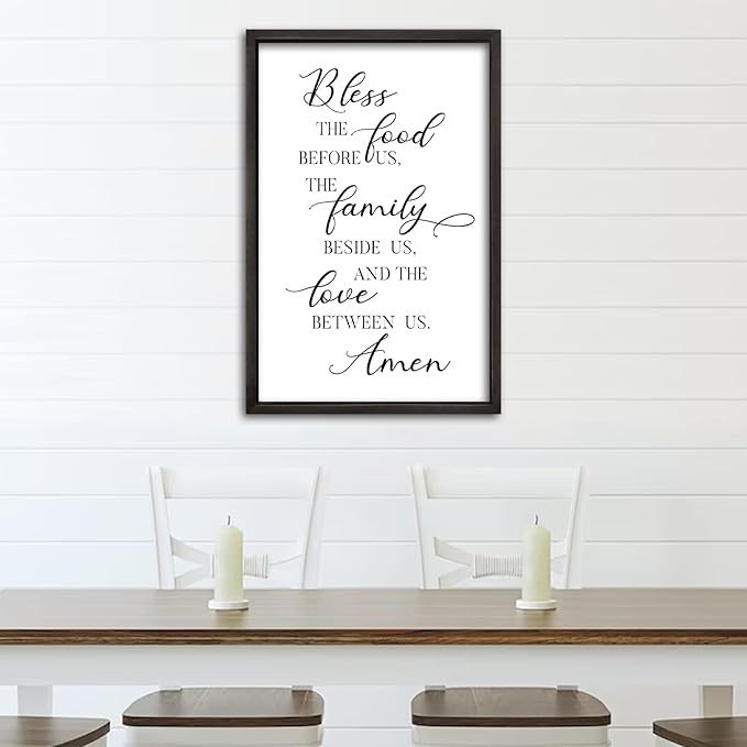 comurdyo Kitchen Wall Decor Bless the Food Before Us Prayer Farmhouse Christian Sign 16"×11" Framed Wood for Small Modern Religious Holy Dining Room Kitchen Plaque Wall Art Hanging (Black)