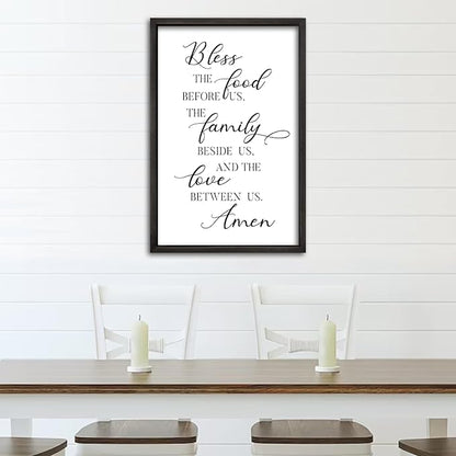 comurdyo Kitchen Wall Decor Bless the Food Before Us Prayer Farmhouse Christian Sign 16"×11" Framed Wood for Small Modern Religious Holy Dining Room Kitchen Plaque Wall Art Hanging (Black)