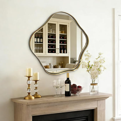 Irregular Round Mirror, 28" Scalloped Mirror with Gold Metal Frame, Modern Asymmetrical Wall Mirrors Decorative, Wavy Shaped Mirrors for Living Room Bathroom Bedroom Hallway Entryway
