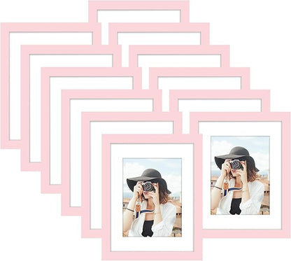 Picrit 8.5x11 Picture Frame Set of 12, Display 6x8 with Mat or 8.5 x 11 without Mat, Photo Frames for Wall Mounting or Table Top Display, Pink