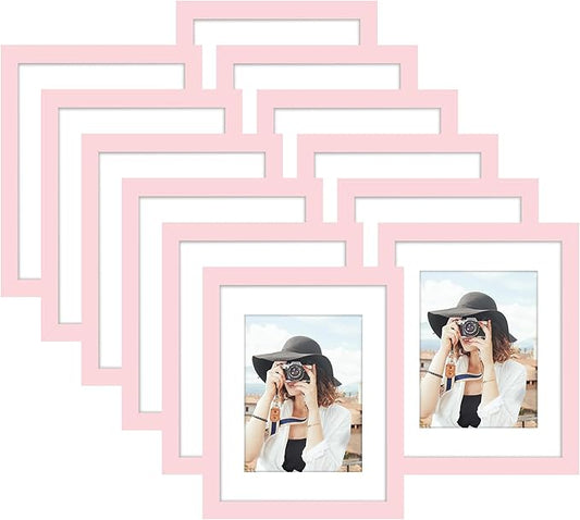 Picrit 8.5x11 Picture Frame Set of 12, Display 6x8 with Mat or 8.5 x 11 without Mat, Photo Frames for Wall Mounting or Table Top Display, Pink
