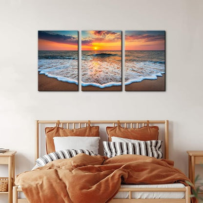 Pacimo 3 Pieces Wall Art Decor Beach Canvas Print Picture Sunrise Ocean Waves Scenery Painting Artwork for Office Wall Decor Home Decoration Stretched and Framed Ready to Hang - 16"x24"x3 Panels